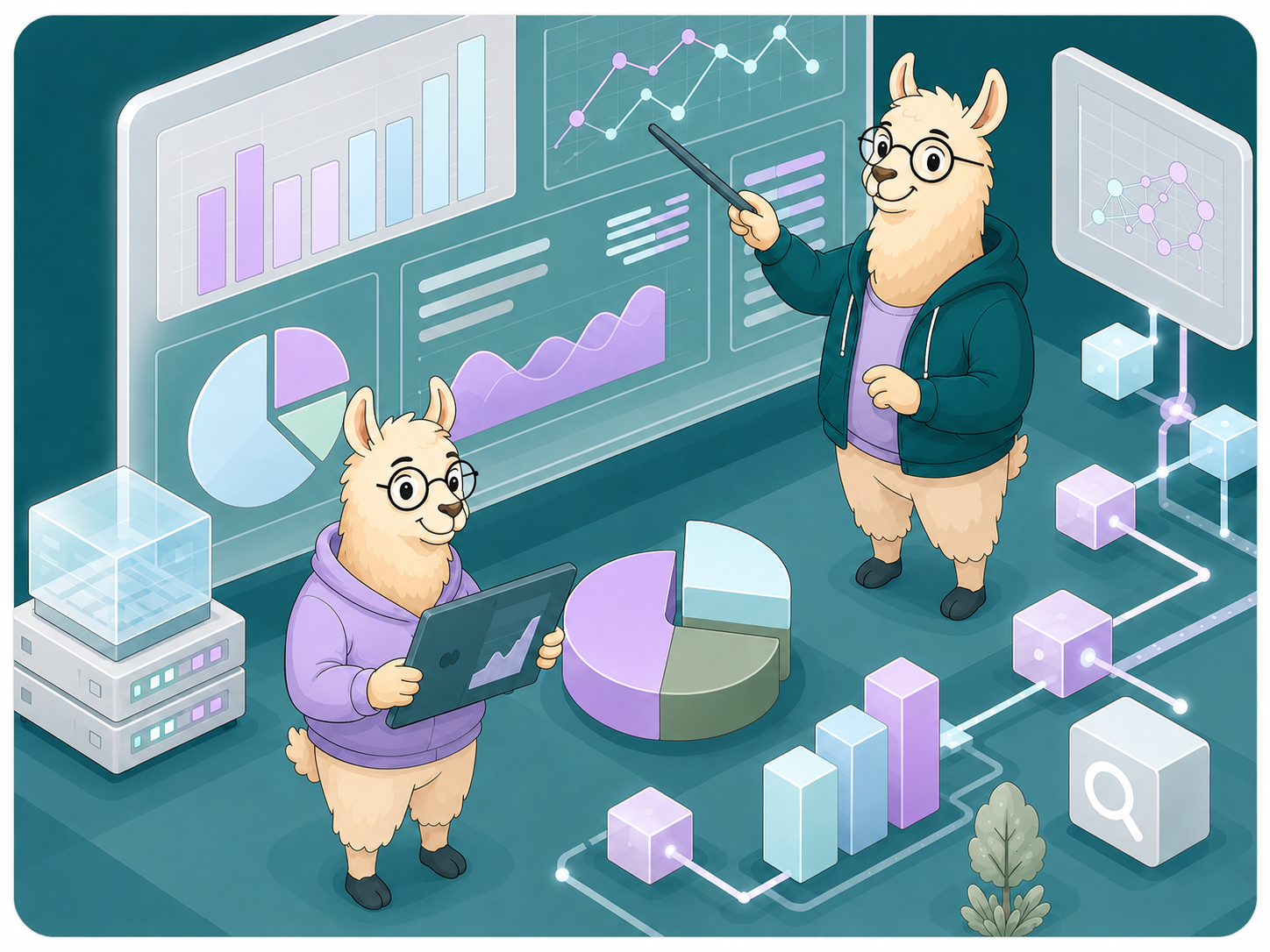 Illustration: alpaca-analytiker med Power BI-dashboards