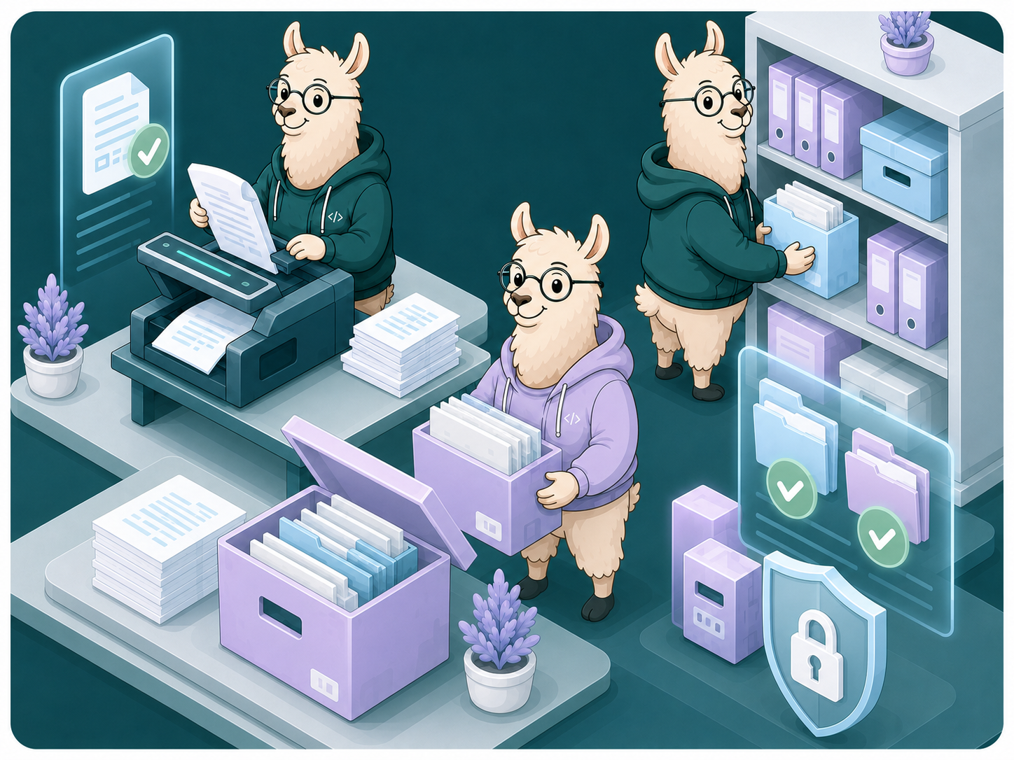 Illustration: alpaca med dokumentflow og godkendelser