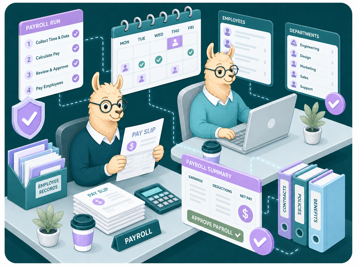 Illustration: alpaca-HR med lønkørsel og medarbejderdata